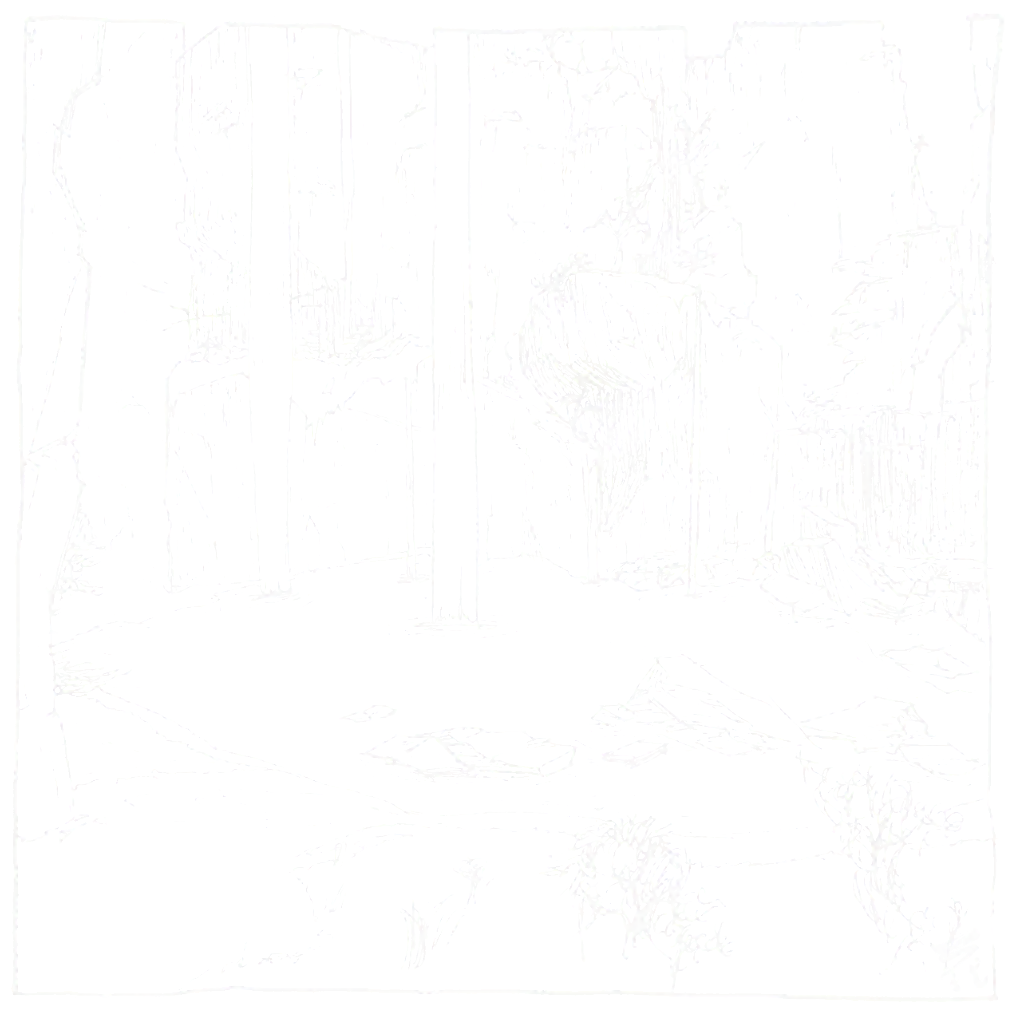 an ink drawing of falls falling into a small rocky pond, the top of the falls aren't visible