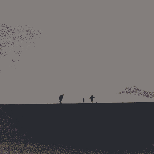 Black and white analog photograph showing three people's silhouettes in the distance. The bottom portion of the picture is black, the top is a backdrop of clouds. One of the persons is inclined forwards with their hands on their knees towards the other two. The second seems to be a child running around. The third a person with their arms open wide.