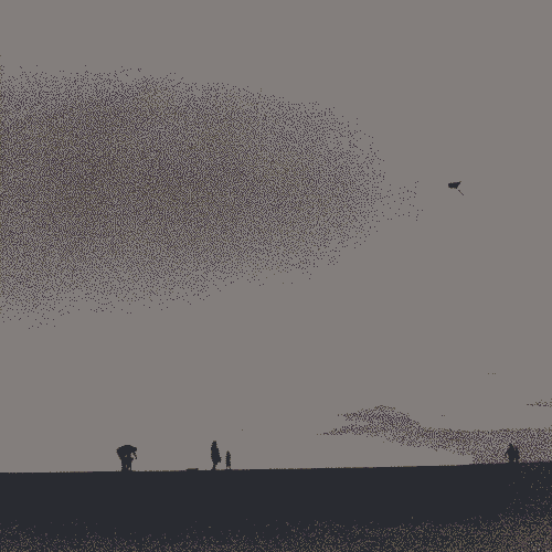 Black and white analog photograph showing four people's and an observation deck's silhouettes in the distance. The bottom portion of the picture is black, the top is a backdrop of clouds. One of the persons is inclined forwards with attending a child, the other two are flying a kite that is visible in the upper right portion of the photograph.