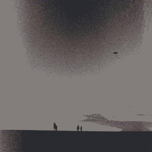 Black and white analog photograph showing four people's and an observation deck's silhouettes in the distance. The bottom portion of the picture is black, the top is a backdrop of clouds. One of the persons is inclined forwards with attending a child, the other two are seemingly walking together.